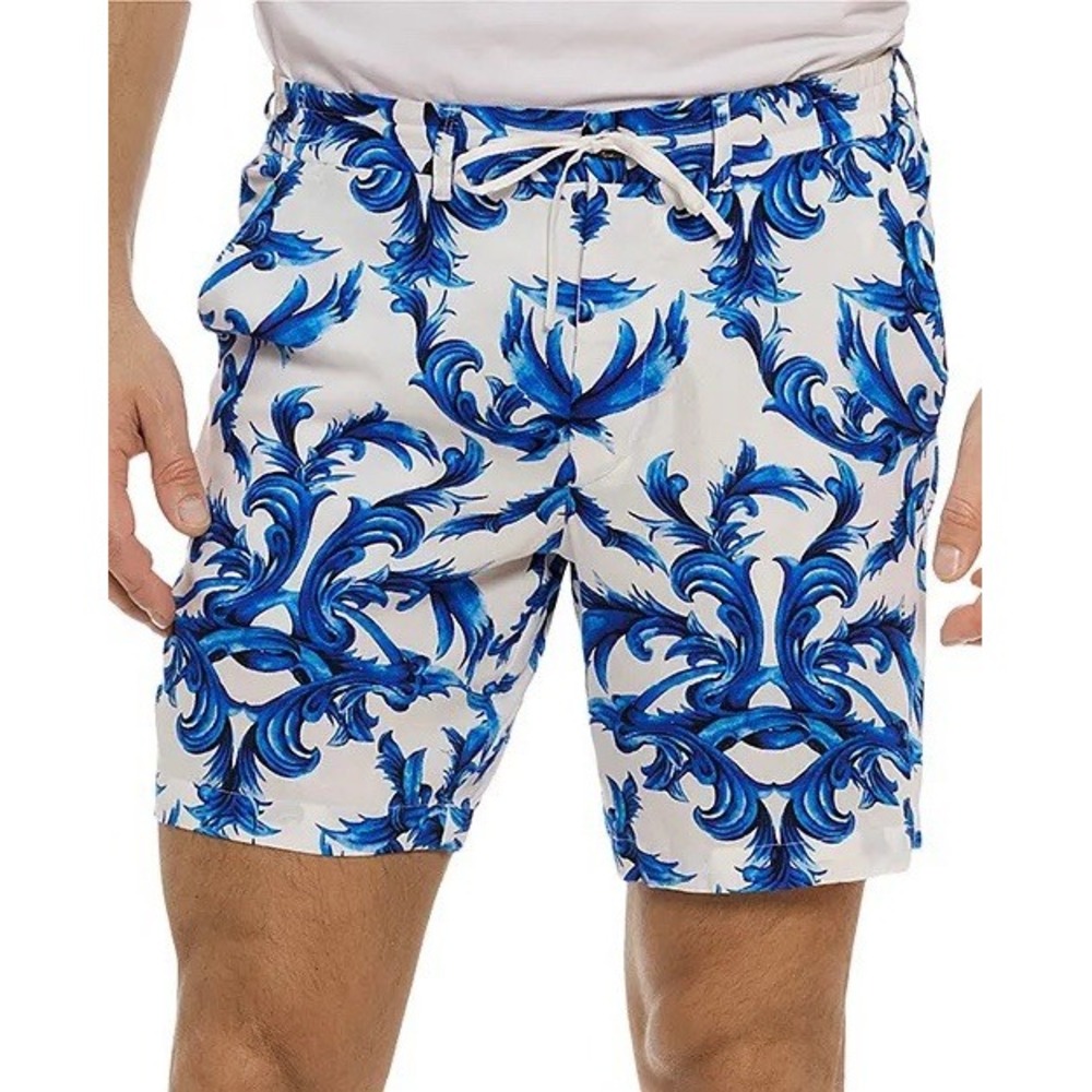 Robert Graham Corfu Printed Drawstring 9" Swim Trunks White Blue Men Size 40
